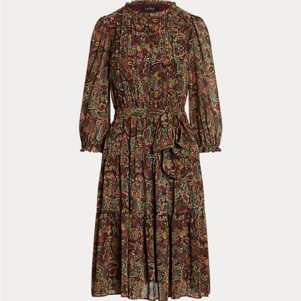Ralph Lauren Floral Belted Crinkle Georgette Midi Dress